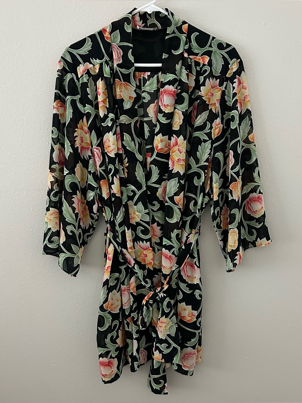 Vintage Natori II Sheer Floral Kimono Robe Belted Dressing Gown Women’s L ?